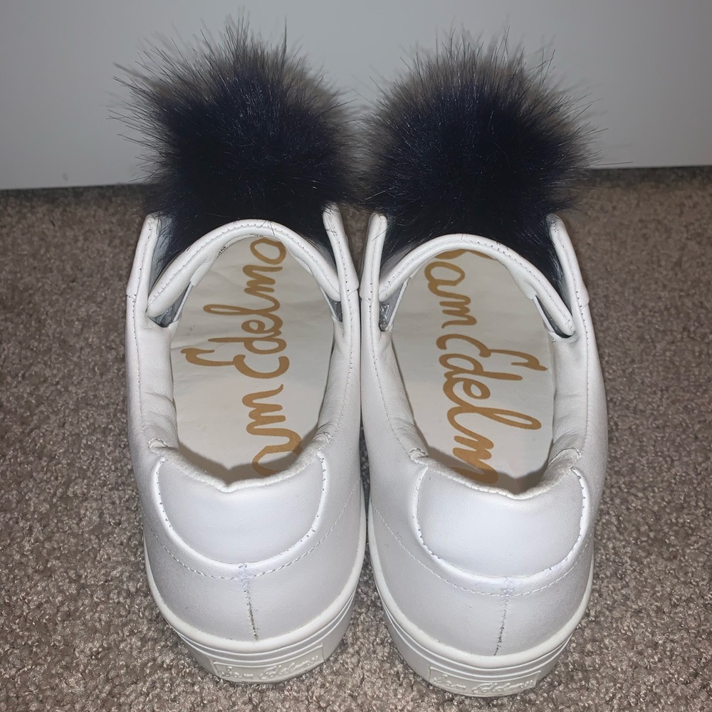 White Sam Edelman Sneakers with Grey and Navy Poms - Picture 2 of 10